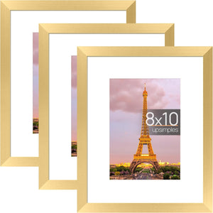 upsimples 8x10 Picture Frame Set of 3,Made of High Definition Glass for 5x7 with Mat or 8x10 Without Mat,Wall Mounting Photo Frame Gold