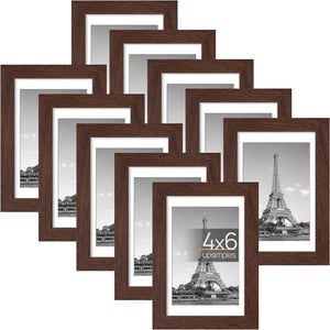 upsimples 4x6 Picture Frame Set of 10, Display Pictures 3.5x5 with Mat or 4x6 Without Mat, Multi Photo Frames Collage for Wall or Tabletop Display, Real Glass, Brown