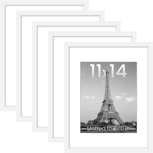 upsimples 11x14 Picture Frame Set of 5,Display Pictures 8x10 with Mat or 11x14 Without Mat,Wall Gallery Photo Frames,White