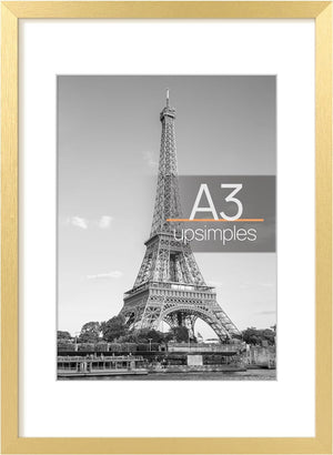 upsimples A3 Picture Frame, Display Pictures 8.3x11.7 with Mat or 11.7x16.5 Without Mat, Wall Hanging Photo Frame, Gold, 1 Pack