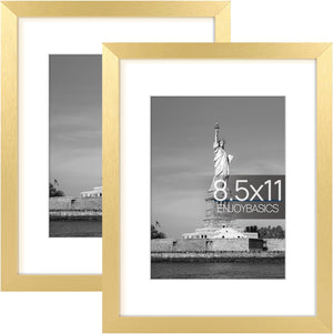 ENJOYBASICS 8.5 x 11 Picture Frame, Display Poster 6x8 with Mat or 8.5x11 Without Mat, Wall Gallery Photo Frames, Gold, 2 Pack