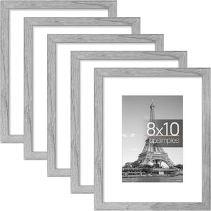 upsimples 8x10 Picture Frame Set of 5, Display Pictures 5x7 with Mat or 8x10 Without Mat, Wall Gallery Photo Frames, Gray
