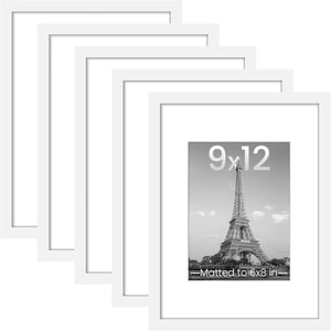 upsimples 9x12 Picture Frame Set of 5,Display Pictures 6x8 with Mat or 9x12 Without Mat,Wall Gallery Photo Frames,White