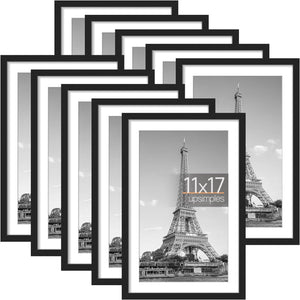 upsimples 11x17 Picture Frame Set of 10, 9x15 with Mat or 11x17 Without Mat, Multi Photo Frames Collage for Wall or Tabletop Display, Black