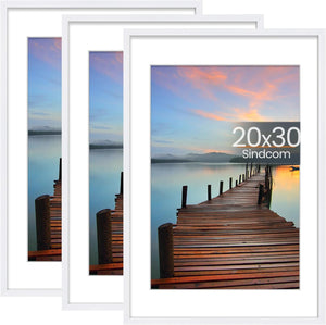 20x30 Poster Frame 3 Pack, Picture Frames with Detachable Mat for 16x24 Prints, Horizontal and Vertical Hanging Hooks for Wall Mounting, White Photo Frame for Gallery Home Décor