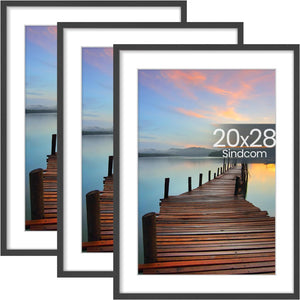 20x28 Poster Frame 3 Pack, Picture Frames with Detachable Mat for 16x24 Prints, Horizontal and Vertical Hanging Hooks for Wall Mounting, Charcoal Gray Photo Frame for Gallery Home Décor