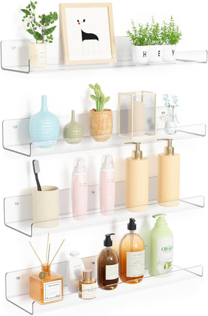 upsimples Clear Acrylic Shelves for Wall Storage, 15" Acrylic Floating Shelves Wall Mounted, Kids Bookshelf, Display Ledge Wall Shelves for Bedroom, Living Room, Bathroom, Kitchen, Set of 4