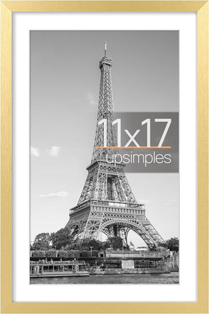 upsimples 11x17 Picture Frame, Display Pictures 9x15 with Mat or 11x17 Without Mat, Wall Hanging Photo Frame, Gold, 1 Pack
