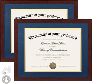 upsimples 11x14 Diploma Frame Certificate Degree Document Frame with High Definition Glass, 2 Pack Diploma Frames 8.5 x 11 with mat for Wall and Tabletop, Mahogany blue Double Mat