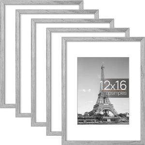 upsimples 12x16 Picture Frame Set of 5, Display Pictures 8.5x11 with Mat or 12x16 Without Mat, Wall Gallery Poster Frames, Gray
