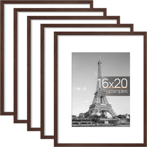 upsimples 16x20 Picture Frame Set of 5, Display Pictures 11x14 with Mat or 16x20 Without Mat, Wall Gallery Poster Frames, Brown