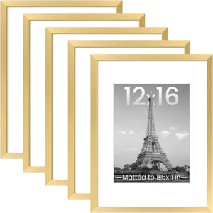 upsimples 12x16 Picture Frame Set of 5,Display Pictures 8.5x11 with Mat or 12x16 Without Mat,Wall Gallery Photo Frames, Gold