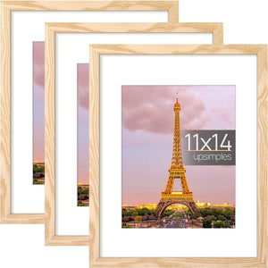upsimples 11x14 Picture Frame Set of 3, Made of High Definition Glass for 8x10 with Mat or 11x14 Without Mat, Wall and Tabletop Display Photo Frames, Natural