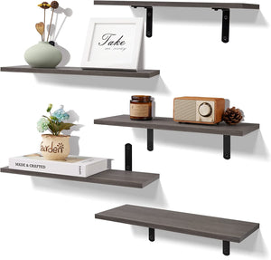 upsimples Floating Shelves for Wall Decor Storage, Wall Mounted Shelves Set of 5, Sturdy Small Wood Shelves with Metal Brackets Hanging for Bedroom, Living Room, Bathroom, Kitchen, Book, Gray