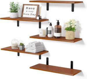 upsimples Floating Shelves for Wall Decor Storage, Mahogany Wall Mounted Shelves Set of 5, Sturdy Small Wood Shelves Hanging for Bedroom, Living Room, Bathroom, Kitchen, Corner, Book