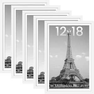 upsimples 12x18 Picture Frame Set of 5,Display Pictures 11x17 with Mat or 12x18 Without Mat,Wall Gallery Photo Frames, White