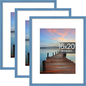 Sindcom 16x20 Poster Frame 3 Pack, Blue Wall Decor Picture Frames with Detachable Mat for 11x14 Prints, Horizontal and Vertical Hanging Hooks for Wall Mounting, Blue Photo Frame for Gallery Home Room Bathroom Décor