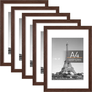 upsimples A4 Picture Frame Set of 5, Display Pictures 6x8 with Mat or 8.3x11.7 Without Mat, Wall Gallery Poster Frames, Brown
