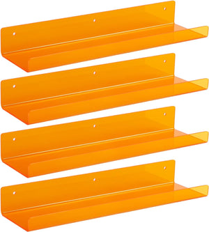 upsimples Clear Orange Acrylic Shelves for Wall Storage, 15" Acrylic Floating Shelves Wall Mounted, Kids Bookshelf, Display Ledge Wall Shelves for Bedroom, Living Room, Bathroom, Set of 4