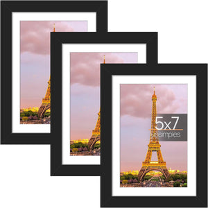 upsimples 5x7 Picture Frame Set of 3, Made of High Definition Glass for 4x6 with Mat or 5x7 Without Mat, Wall and Tabletop Display Photo Frames, Black
