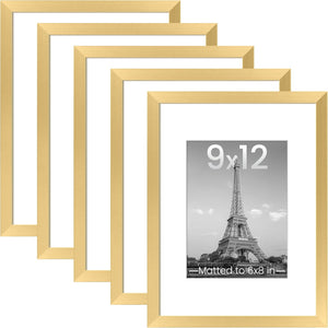 upsimples 9x12 Picture Frame Set of 5,Display Pictures 6x8 with Mat or 9x12 Without Mat,Wall Gallery Photo Frames,Gold