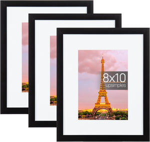 upsimples 8x10 Picture Frame Set of 3, Made of High Definition Glass for 5x7 with Mat or 8x10 Without Mat, Wall Mounting Photo Frames, Black