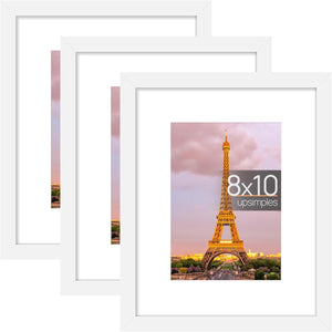 upsimples 8x10 Picture Frame Set of 3, Made of High Definition Glass for 5x7 with Mat or 8x10 Without Mat, Wall Mounting Photo Frames, White