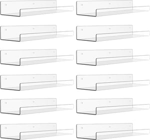 upsimples 12 Pack Acrylic Shelves for Wall Storage, 15" Floating Bookshelves for Kids, Display Shelf Organizer for Bathroom, Bedroom, Living Room, Kitchen, Room Decor, Clear