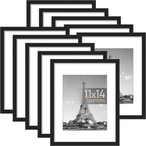 upsimples 11x14 Picture Frame Set of 10, 8x10 with Mat or 11x14 Without Mat, Multi Photo Frames Collage for Wall or Tabletop Display, Black