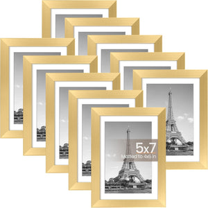 upsimples 5x7 Picture Frame Set of 10,Display Pictures 4x6 with Mat or 5x7 Without Mat,Multi Photo Frames Collage for Wall or Tabletop Display,Gold