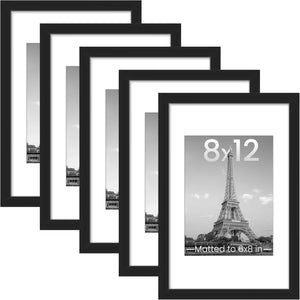 upsimples 8x12 Picture Frame Set of 5,Display Pictures 6x8 with Mat or 8x12 Without Mat,Wall Gallery Photo Frames,Black