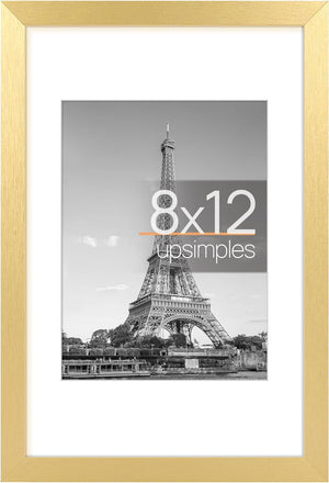 upsimples 8x12 Picture Frame, Display Pictures 6x8 with Mat or 8x12 Without Mat, Wall Hanging Photo Frame, Gold, 1 Pack