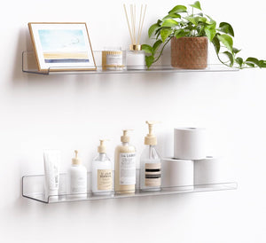 upsimples 2 Pack 23.6x5.5 Inches Acrylic Shelves for Wall Storage, Floating Bookshelves for Kids, Display Shelf Organizer for Bathroom, Bedroom, Living Room, Kitchen, Clear