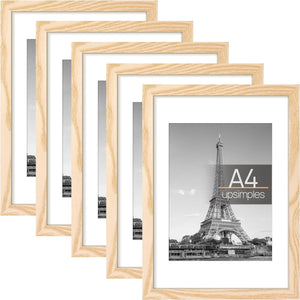 upsimples A4 Picture Frame Set of 5, Display Pictures 6x8 with Mat or 8.3x11.7 Without Mat, Wall Gallery Poster Frames, Natural