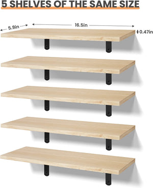 upsimples Floating Shelves for Wall Decor Storage, Wall Mounted Shelves Set of 5, Sturdy Small Wood Shelves with Metal Brackets Hanging for Bedroom, Living Room, Bathroom, Kitchen, Book, Light Brown