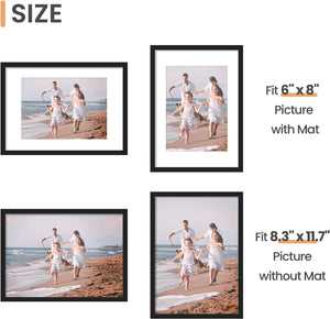 upsimples A4 Picture Frame Set of 3, Made of High Definition Glass for 6x8 with Mat or 8.3X11.7 Without Mat, Wall Mounting Photo Frames, Black