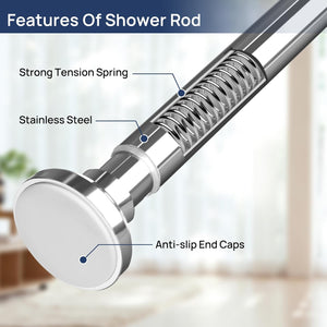 Shower Curtain Rod 33 to 75 Inches, 1 Inch Adjustable Spring Tension Curtain Rod No Drill, Stainless Steel Shower Rod for Bathroom, Closet, Window, Room Divider, Never Rust, Non Slip, Chrome