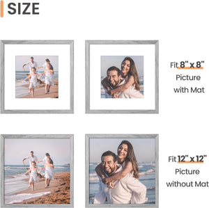 upsimples 12x12 Picture Frame Made of High Definition Glass, Display Pictures 8x8 with Mat or 12x12 Without Mat, Gallery Wall Frame Set, Gray