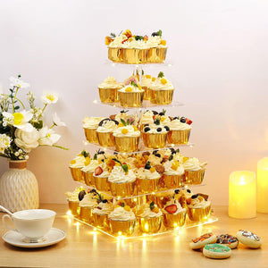 upsimples 5 Tier Acrylic Cupcake Stand, Dessert Tower for 56 Cupcakes, Square Cupcake Display Stand with Yellow LED Light for Birthday, Baby Shower, Tea Party and Wedding Décor