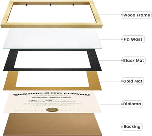 Upsimples 11x14 Diploma Frame Certificate Degree Document Frame with High Definition Glass, 2 Pack Diploma Frames 8.5 x 11 with mat for Wall and Tabletop, Gold Double Mat