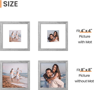 upsimples 8x8 Picture Frame, Display Pictures 4x4 with Mat or 8x8 Without Mat, Wall Hanging Photo Frame, Gray, 1 Pack