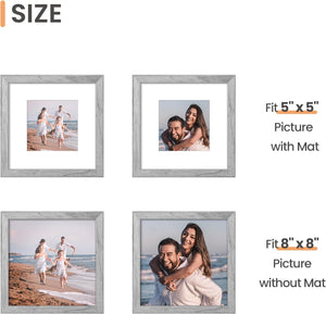 upsimples 8x8 Picture Frame Made of High Definition Glass, Display Pictures 5x5 with Mat or 8x8 Without Mat, Gallery Wall Frame Set, Gray