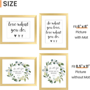 upsimples 8.5x11 Picture Frame Set of 3, Made of High Definition Glass for 6x8 with Mat or 8.5x11 Without Mat, Wall Mounting Photo Frames, Gold
