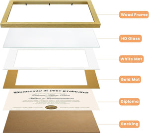 upsimples 11x14 Diploma Frame Certificate Degree Document Frame with High Definition Glass, 2 Pack Diploma Frames 8.5 x 11 with mat for Wall and Tabletop, Gold White Double Mat