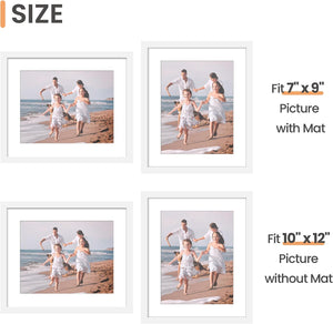 upsimples 10x12 Picture Frame Set of 3, Made of High Definition Glass for 7x9 with Mat or 10x12 Without Mat, Wall Mounting Photo Frames, White