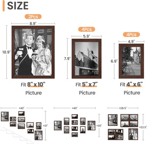 upsimples 10 Pack Picture Frames Collage Wall Decor, Gallery Wall Frame Set for Wall Mounting or Tabletop Display, Multi Sizes Including 8x10, 5x7, 4x6 Family Photo Frames, Brown