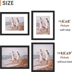 upsimples 8.5x11 Picture Frame Set of 3, Made of High Definition Glass for 6x8 with Mat or 8.5x11 Without Mat, Wall Mounting Photo Frames, Black