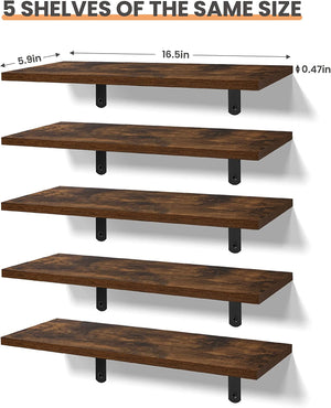 upsimples Floating Shelves for Wall Decor Storage, Wall Mounted Shelves Set of 5, Sturdy Small Wood Shelves with Metal Brackets Hanging for Bedroom, Living Room, Bathroom, Kitchen, Book, Dark Brown
