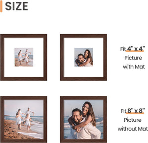 upsimples 8x8 Picture Frame, Display Pictures 4x4 with Mat or 8x8 Without Mat, Wall Hanging Photo Frame, Brown, 1 Pack