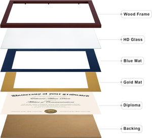 upsimples 11x14 Diploma Frame Certificate Degree Document Frame with High Definition Glass, 2 Pack Diploma Frames 8.5 x 11 with mat for Wall and Tabletop, Mahogany blue Double Mat